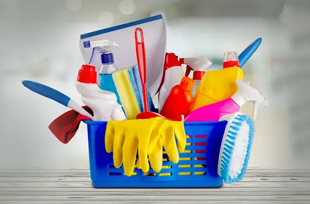 The picture showing that the janitorial tools on a blue bucket